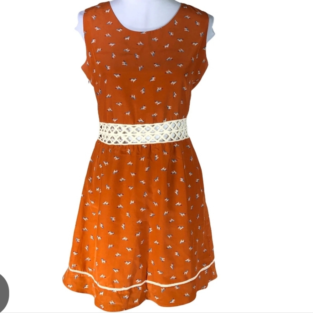 Miss Patina Dress, Size M, Copper Silk Blend, Zebra Print, Sleevless, Side Zip